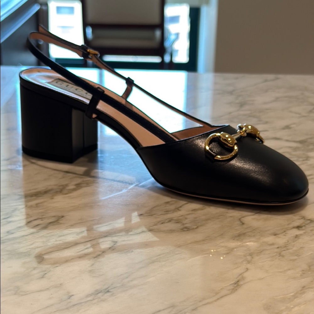 Gucci Black and Gold Heels with Horsebit Accent